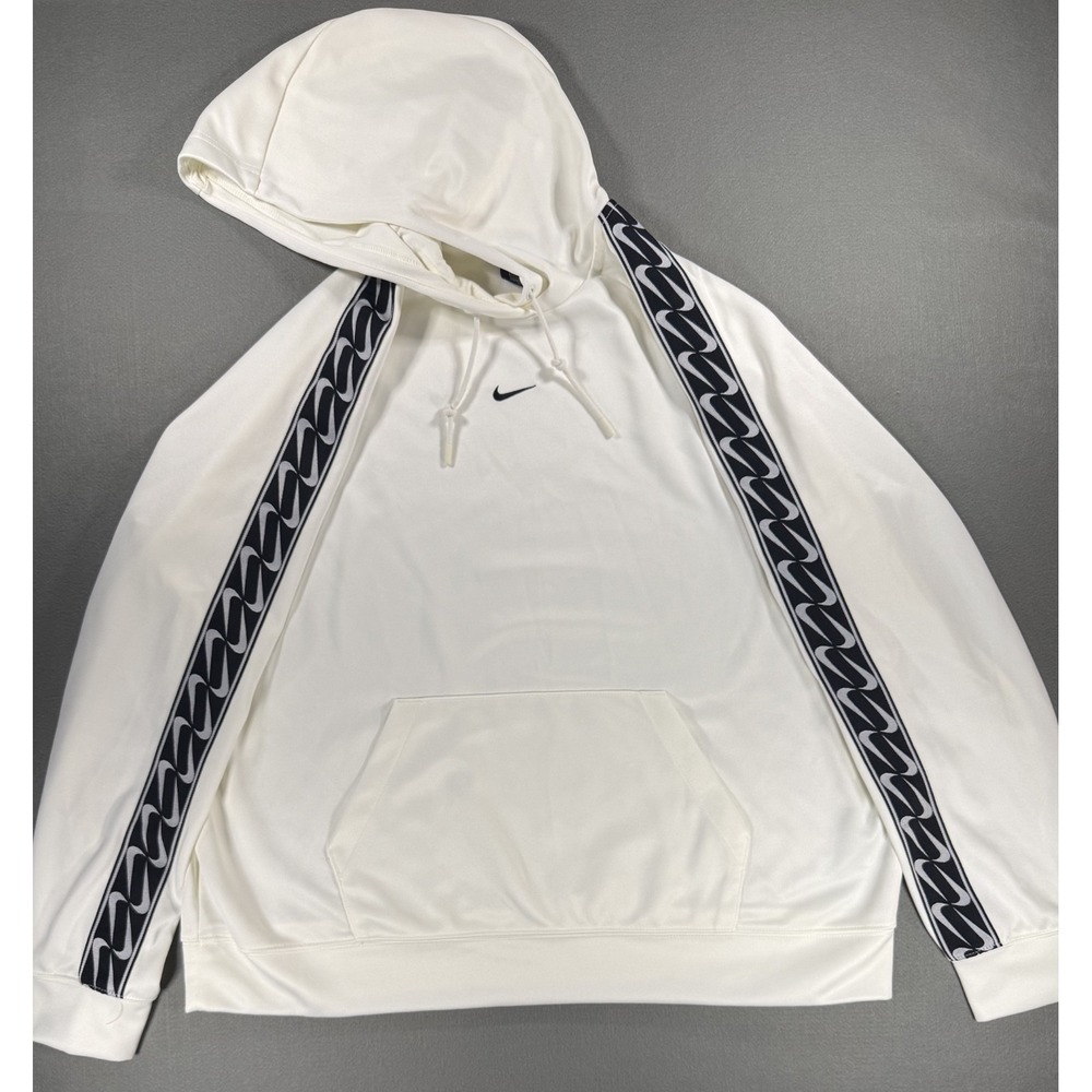 Nike white hoodie with black stripes with logo on sleeves, Center swoosh size XL